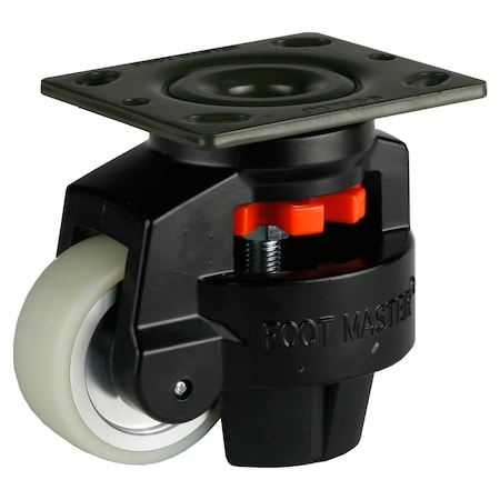 Foot Master Leveling Caster, 75 mm Polyurethane Wheel, 4 x 4-1/2 Plate, Swivel, 800 kg Cap, NBR Foot Pad, Black GD-100-F-HUP-FBL-PUS